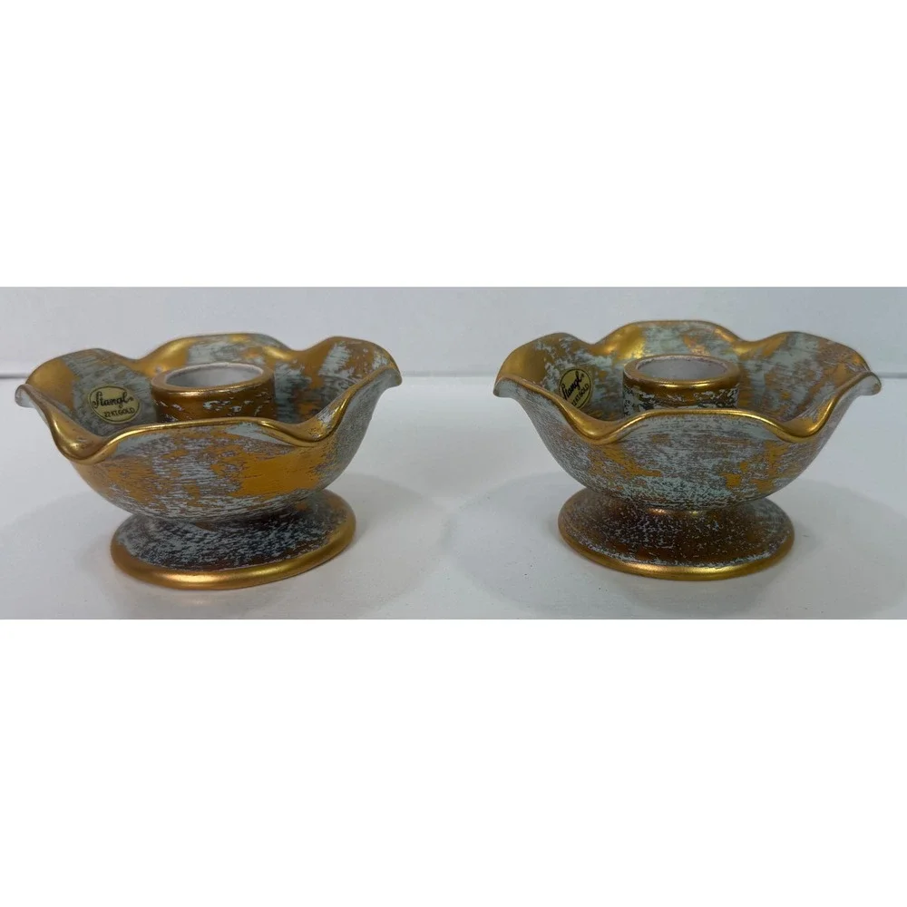 Vtg Stangl Pottery Taper Candle Holders Pair #5069 22K Antique Gold Ruffled MCM